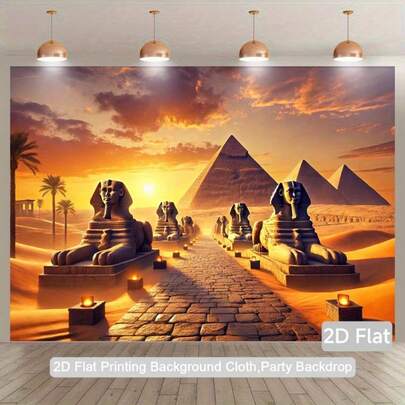 Tela de fondo de fotografía 2D con puesta de sol antigua egipcia plana con la Esfinge, bandera de tela de poliéster, tapiz de fondo 2D para fiestas, decoraciones de bandera interior y exterior, accesorios de estudio de fotografía, suministros de decoración de fiestas y cumpleaños