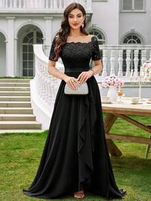 MIUSOL Elegant Women's Floral Lace Boat Neck Contrast Chiffon Maxi Dress With Ruffle Trim Flowing Hem, Formal A-Line Gown For Wedding Guest, Evening Party And Holiday - 黑色 - 查看 3