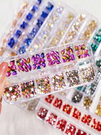12 rejillas con forma de fondo plano Diamantes de joyería de uñas, DIY, cristal de vidrio, transparente, diamantes de colores AB mixtos decoración de uñas, decoración de uñas perfecta para el Día de San Valentín, fiestas, reuniones