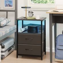 Tomnk Modern Smart Nightstand With Charging Station & LED Light | USB Ports, Outlets & 2 PU Fabric Drawers For A Clutter-Free Bedside, For Back To School Season