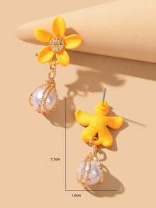 Flower Decor Faux Pearl Drop Earrings Valentines - Yellow - View 3