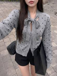 Rikumo Unique Bowknot Gray Polka Dot Cardigan Sweater For Women, Can Be Worn Alone, Autumn/Winter Ladies Knit Cardigan Sweater, Christmas & New Year Winter - Grey - View 1