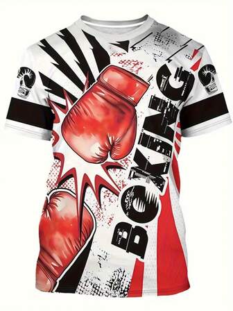 2026新款男士3D印花时尚短袖T恤，男士3D拳击图案T恤 - 休闲圆领短袖，饰有醒目的拳击手套图案，红白配色，是夏季外出和运动赛事的理想之选