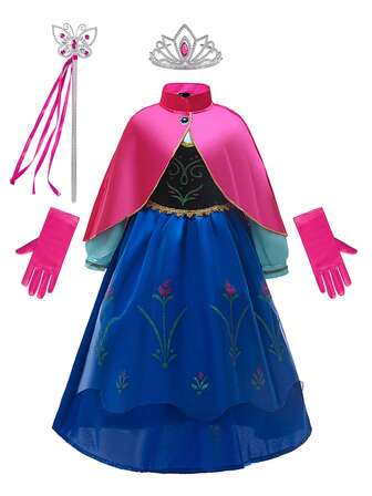 6pcs/Set Blue Floral Pattern Fuchsia Shawl, Girls Long Sleeve Dress, Gloves, Crown, Magic Wand Costume Set, Children Christmas Halloween Role Play Party Dress Set
