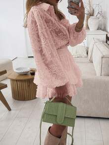 Vusalt 女士春季简约通勤提花纹理透视长袖翻领纽扣衬衫搭配荷叶边迷你裙短裤套装，适合情人节、海滩度假、外出、休闲场合，白色衬衫适合日常通勤、办公室、返校季穿着。 - 粉色 - 查看 2