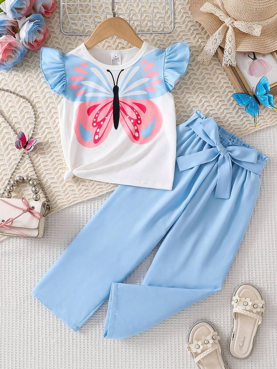 2pcs/Set Girls Summer Outfit, Toddler Butterfly Print Flutter Sleeve Round Neck Cap Sleeve Top + Elastic Waist Long Pants, Casual Versatile Set For Girls - Baby Blue - View 1