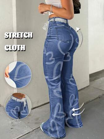 GILIPUR Jeans acampanados de mujer estilo Y2K, con estampado de corazones y encaje, cintura alta, ajuste ceñido, elásticos, elegantes y casuales para uso diario, estilo de los años 2000, atuendo de primavera/invierno, moda retro, adecuado para Año Nuevo, Día de San Valentín y otras festividades, gran opción de regalo