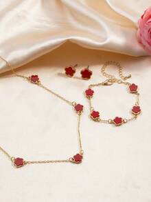 4pcs/Set Elegant Floral & Clover Necklace, Bracelet, Earrings Jewelry Set, Suitable For Women's Daily Wear - Multicolor - View 2