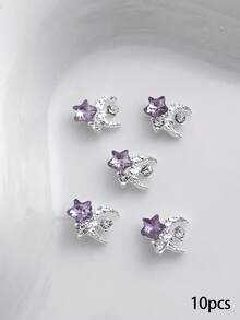 10pcs Nail Charms, Star And Moon Rhinestone Silver Nail Charms, Exquisite And Luxurious Metal Nail Supplies, Shiny White, Pink, Purple Rhinestone Nail Gems, Suitable For Long Nails, Multi-Functional DIY Accessories Nail Decoration - Multicolor - View 5