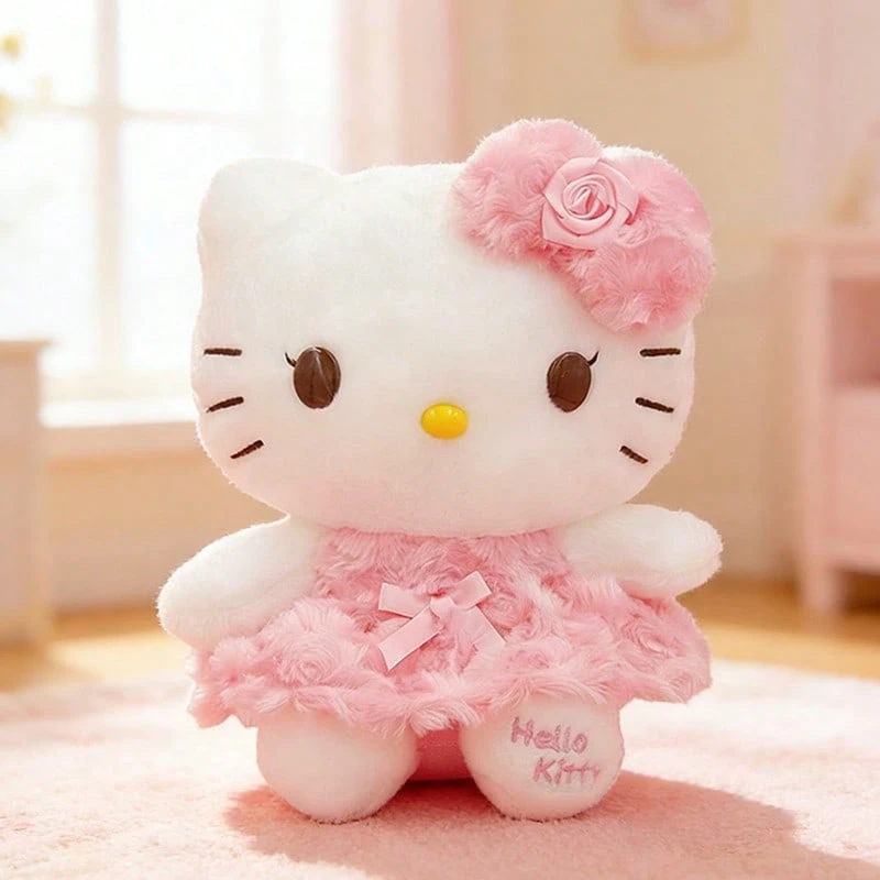 Miniso Rose Date Hello Kitty Plush Doll Pink-White Lace Decoration 3D Rose Bow Soft Short Plush Material Bedroom Ornament(1 PC) - Multicolor - View 1