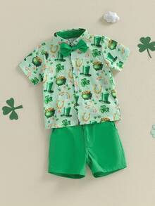 Baby Boy St. Patrick's Day Clothes Short Sleeve Clover Print Button Down Shirt Bermuda Shorts Kids Gentleman Outfit - 綠色 - 查看 7