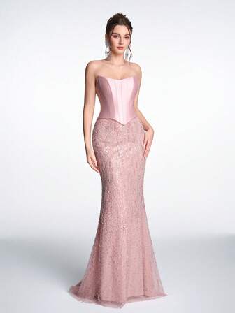 שמלת ערב אלגנטית ללא כתפיות עם נצנצים וטלאים לנשים