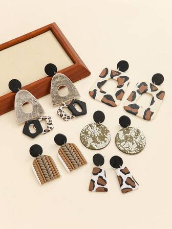 1 par retro casual polymerlera och metall droppörhängen med leopardtryck flätad textur förgyllning mönster ihålig geometrisk design dekor kvinnor för daglig vardagskläder gatustil helgtillhåll och djärva modekvinnor