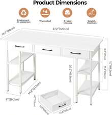 Computer Desk Home Office Desk With 3 Fabric Drawers And Storage Shelves, Modern Writing Desk Small Desk, 47.2" X 15.7" (White) - 白色 - 查看 3