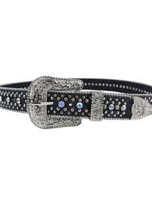 New Crystal Buckle Gothic Dark Western Cowboy Leopard Print Women's Belt, Luxurious Designer Brand Sparkling Belt, Y2K Gothic E-Girl Crystal Belt. Suitable For Men's Summer, School Casual, Business, Gifts For Boyfriends, Husbands, Fathers, Everyday Wear, Fashion, Teenagers, Outdoor, Vacation, Sports, Travel, Street, Bohemian, Vintage Autumn, Fall, Christmas And Easter Autumn-Winter Accessories, Suitable For Teenagers, Young People, Men, Casual, Outdoor, Sports, Vacation, Graduation Gifts, Birthday Gifts, Everyday Wear. - 黑色 - 查看 2