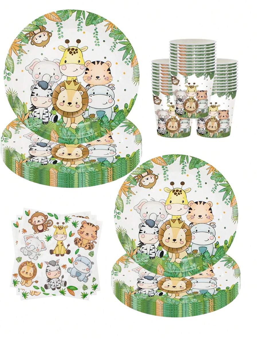 Utensílios de Mesa Safári na Selva com Estampas de Leão, Girafa e Tigre em Pratos, Copos e Guardanapos. Ótimo para Aniversários Infantis, Chás de Bebê e Festas com Tema Familiar. Design Descartável Facilita a Limpeza. - Multicolorido - Visão 1