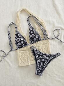 全新碎花可调节肩带露背系带可爱比基尼，女士夏季海滩度假泳装套装，黑色 - 黑色 - 查看 4