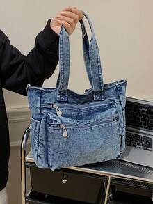 Túi tote jeans nhiều ngăn thời trang mới, túi đeo vai cỡ lớn đa năng dành cho nữ, túi đi học kiểu sinh viên, túi đeo chéo jeans cỡ trung, phù hợp cho đi làm, mua sắm, sử dụng hàng ngày và đi học, hoàn hảo cho phong cách cao bồi. - Màu xanh lam - Xem 6