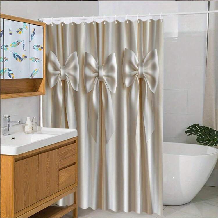 1pc 2D Flat Elegant Bathroom Decor Cream Satin-Like Polyester Fabric Beige/Neutral Tones Hooks Included Easy Installation & Machine Washable For Modern Or Traditional Bathrooms Home Spa Setup Sophisticated Design Home Decorators Bow Bathroom Accessory - 白色 - 查看 4