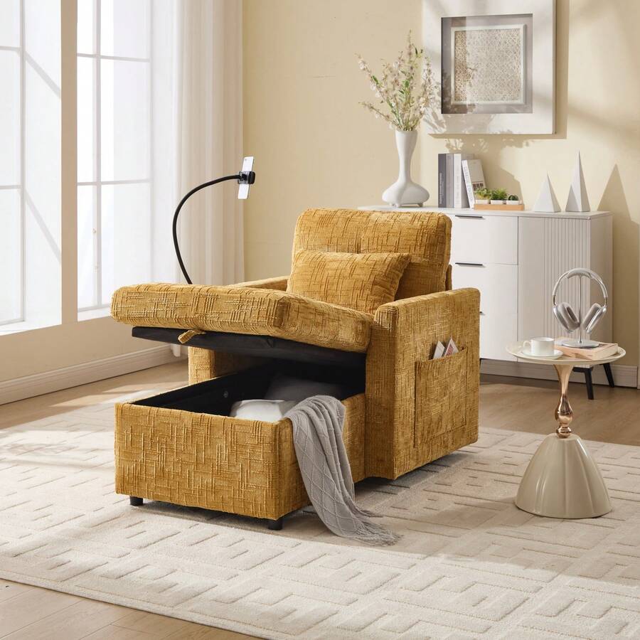 Reclining Armchair/Lounge Chair With Mobile Phone Holder, Single Armchair With Side Pockets And Large Storage Space, Chaise Lounge Suitable For Living Room, Bedroom And Reading Corner, Chenille - 黃色 - 查看 1
