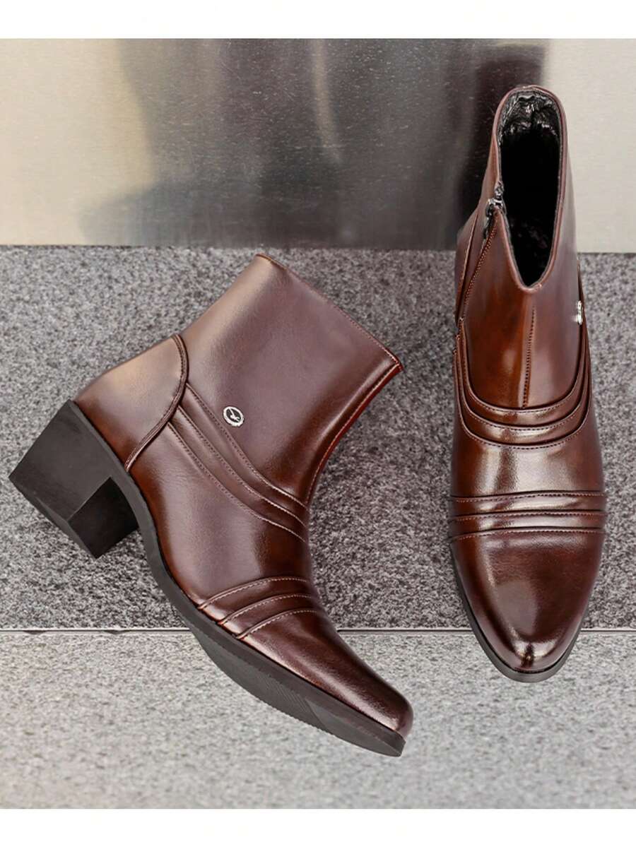 Men's High-Top Boots, Wedge Heel Boots, Retro British Style Pointed Toe Boots, Suitable For Banquets, Dancing, Parties - Brown - View 1
