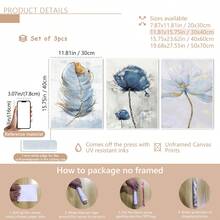 Set de 3 piezas Pluma azul y dorada, arte de pared, set de decoración de galería moderna Índigo marino, póster de decoración de pared, decoración de pared de lienzo, regalo ideal/set para pasillo, dormitorio, sala de estar, arte de pared de lienzo, pósteres para habitación, decoración del hogar, decoración de habitación estética, artículos de decoración de habitación. Decoración de habitación, marco opcional - Multicolor - Ver 13