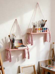 1 pieza/2 piezas Estantería colgante de macramé rosa, estantería de pared con cuerda de borlas con cuentas, estantería colgante de estilo bohemio para habitación de niñas, estantería de almacenamiento montada en la pared para dormitorio, sala de estar, interior, estantería colgante de plantas y decoración de fotos de estilo bohemio moderno, estantería de pared rosa multifuncional, elegante estantería colgante con borlas con cuentas - Multicolor - Ver 11