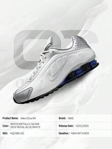 Nike Shox R4 Metallic Silver Deep Royal Blue– Men's Lifestyle Sneakers – Shoes For Man -Vintage-Spring & Summer-Inspired Running Shoes, Shock-Absorbing Comfort, Gym To Streetwear Casual Wear-Mother's Day Gifts-Father's Day Gift–HQ1988 102 - White/Metallic Silver/Deep Royal Blue/White - 查看 6