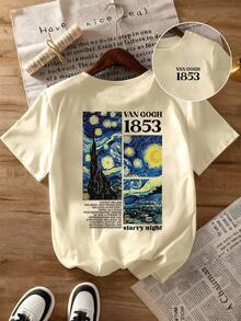 Blusa de verano informal con camiseta tributo a la pintura "La noche estrellada" de Van Gogh y estampado de números 1853, blusa de primavera y verano cómoda, de cuello redondo y mangas cortas, camiseta gráfica para mujeres - Albaricoque - Ver 10