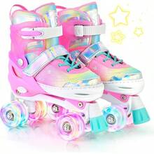 NewNEMONE Mermaid 4 Size Adjustable Light Up Roller Skates For Girls, Purple Blue Skates For Toddlers, Beginner Kids Butterfly Roller Skates Indoor OutdoorSeasonal Gifts - E-獨角獸 - 粉紅色 - 查看 10
