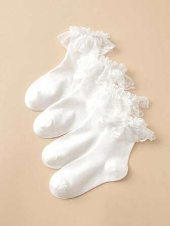 2/4 Pairs Women's Lace-Trimmed Mid-Calf Socks, College Style Casual Socks, Home & Travel Socks