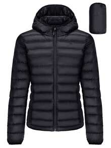 CAMEL CROWN Women's Packable Hooded Down Jacket Ultra Light Insulated Puffer Coat Water Resistant - Black - View 1