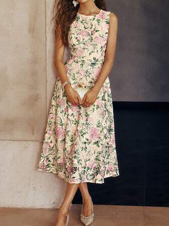 Simplee Women's New Spring/Summer Long Sleeveless Water-Soluble Lace Printed Elegant Evening Gown, Party Dress, Wedding Guest Dress, Suitable For New Year, Valentine's Day