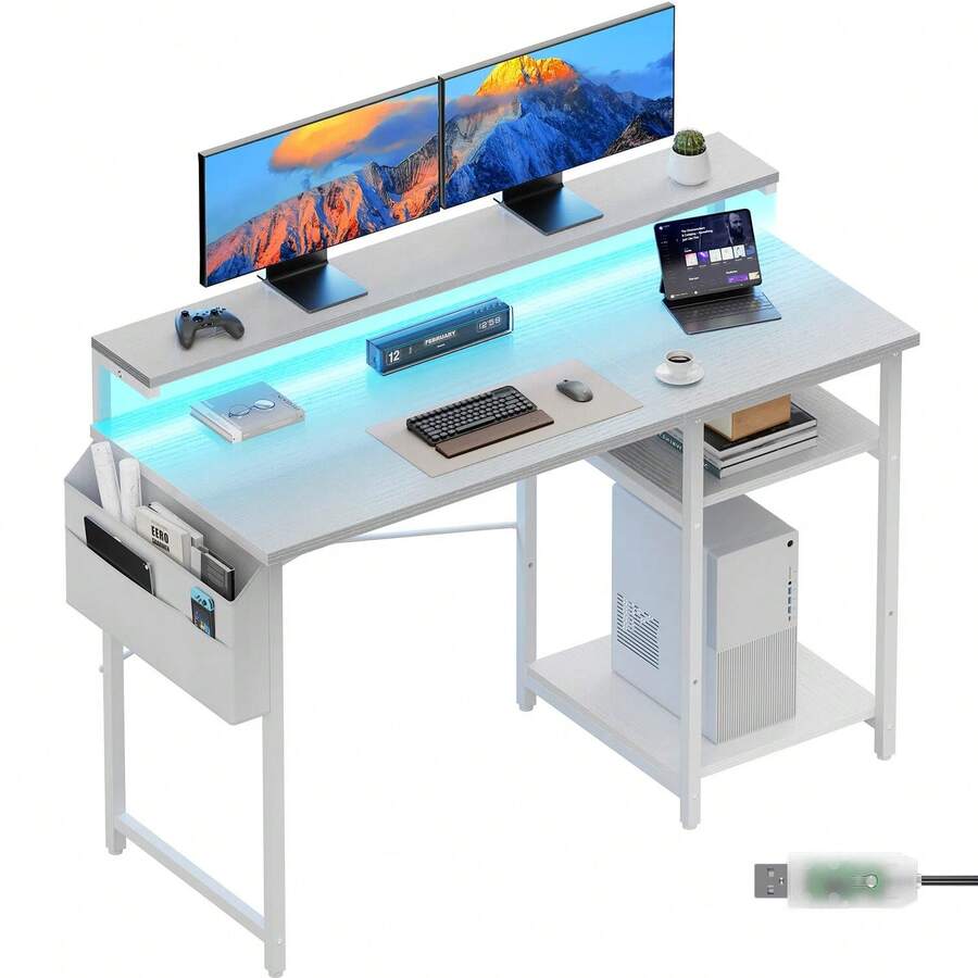 Office Computer Desk With LED Light, 120*48cm Office Table With Monitor ...