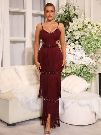 Modphy Sexy Red Sleeveless V-Neck Fringe Patchwork Midi Bandage Dress