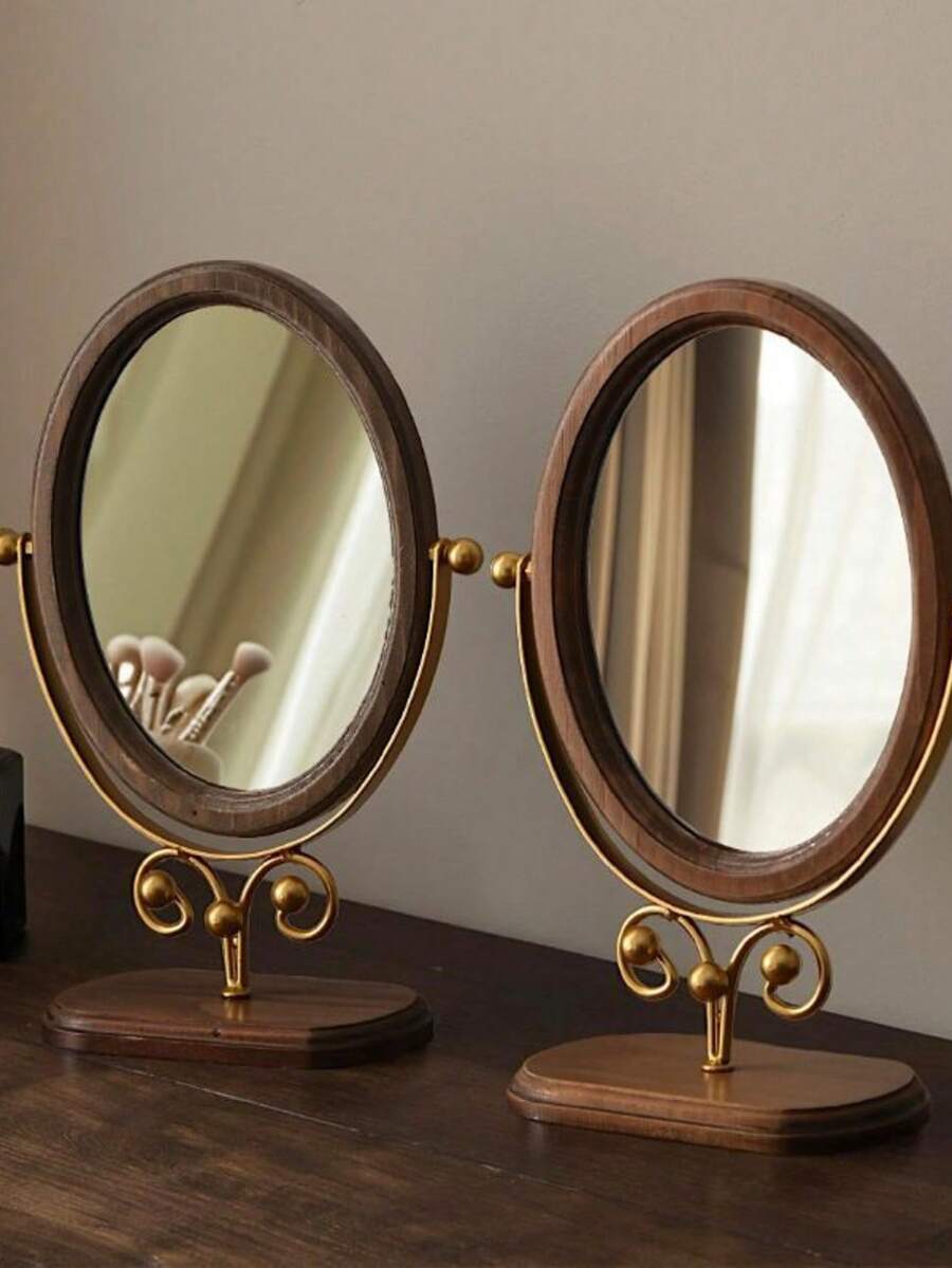 Vintage Bedroom Vanity Mirror, Solid Wood Makeup Mirror, Tabletop Wooden Chinese Style Rotating Dressing Mirror - Walnut Wood Color - View 1