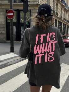 CHICLY19 It Is What It Is Quote Graphic Cotton Tee, Women's Oversized Casual Slogan T-Shirt, Crew Neck Short Sleeve Loose Fit Dark Gray Top, Aesthetic Minimalist Streetwear Cotton Tee For Everyday - Dark Grey - View 2