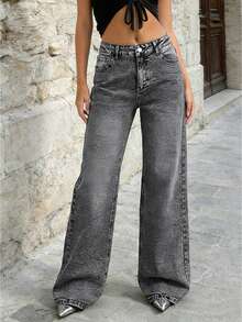 Women's Gray Washed Straight Leg Jeans, Slant Pockets, Zipper Closure, Fashionable Washed Denim, Suitable For Christmas And New Year Winter Wear - Blue - View 3