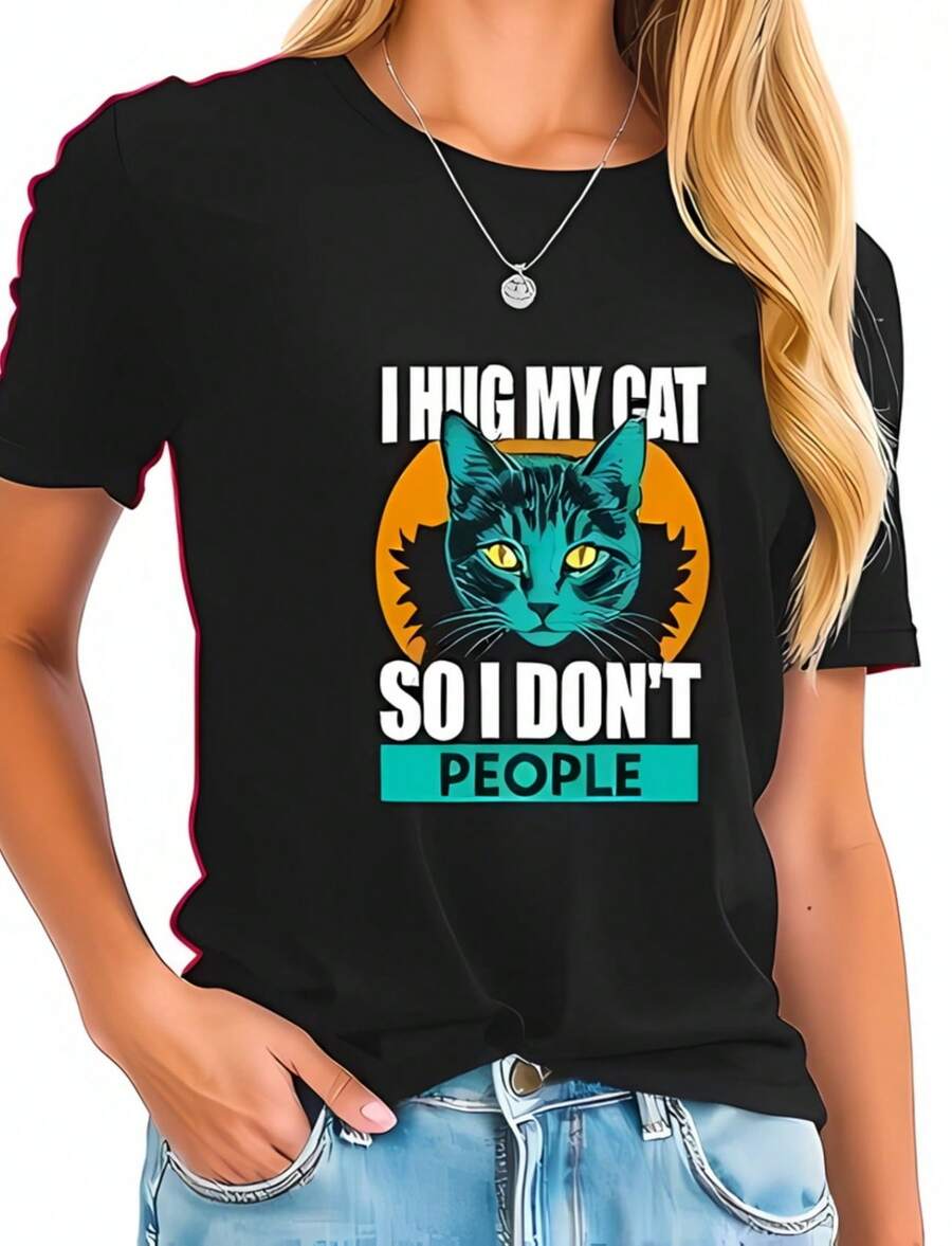 Black Cotton Short Sleeve T-Shirt With  I Hug My Cat So I Don't-All-Cotton - Black - View 1