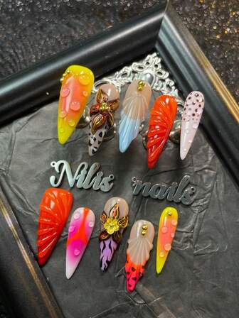 10 st handgjorda heltäckta stilettnaglar akrylkit, gul & orange & lila & blå flerfärgad nagelkonst, blå & lila & orange & grå fransk, rosa & orange tie-dyeing, 3D handritad stereoblomma & stålkula nageltillbehör dekoration, handritade prickar & leopardmönster & 3D vattendroppar & geometriska mönster design