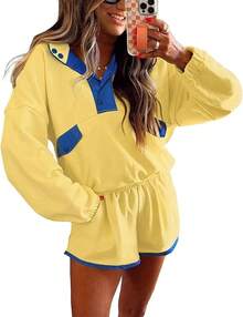 Womens Color Block Two Piece Sets Long Sleeve Oversized Sweatshirts Pullover And Shorts Set Matching Sets With Pockets, 2025 JJYR - Yellow - View 1