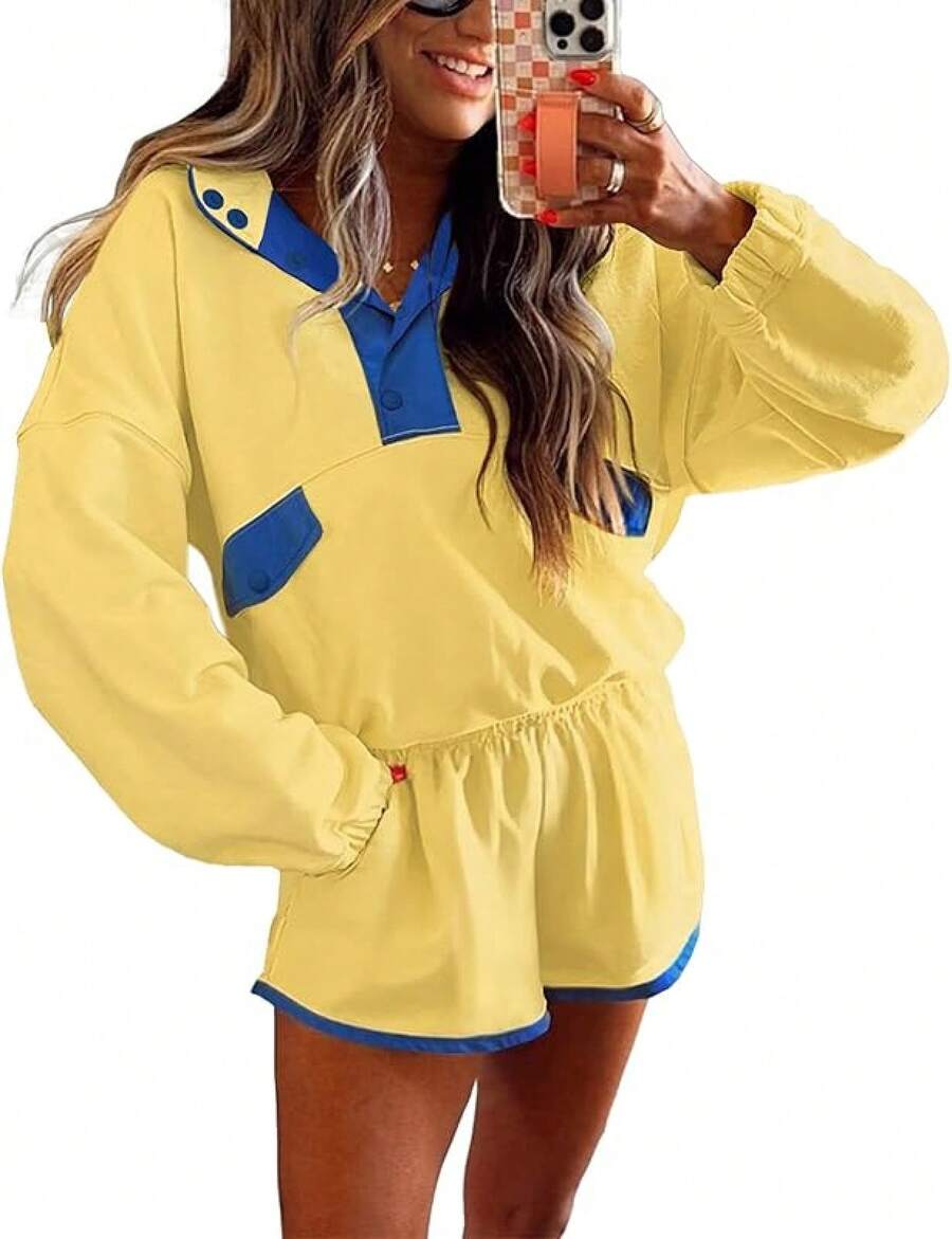 Womens Color Block Two Piece Sets Long Sleeve Oversized Sweatshirts Pullover And Shorts Set Matching Sets With Pockets, 2025 JJYR - Yellow - View 1