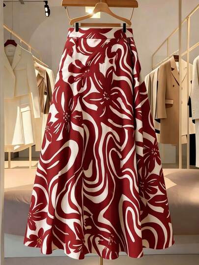 Red & White Ditsy Floral Maxi A-Line Skirt, Women's Non-Stretch Polyester Fabric, Casual Elegant Style Skirt Vacation Spring