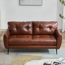 2026 New Version 61" Chestnut Brown Mid Century Modern Tufted Faux Leather Loveseat 2 Seat Sofa Couch For Small Spaces Living Room Office Bedroom - màu nâu - Xem 3