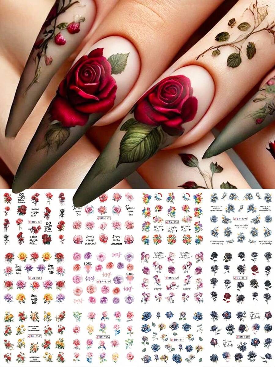 12款情人节复古红玫瑰花水转印美甲贴纸，优雅粉色花卉设计美甲贴花，水印魅力哥特黑玫瑰美甲滑动装饰 - 彩色 - 查看 1