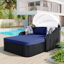 Tumbona exterior GO de 79.9" con toldo ajustable, doble tumbona, cama de día de ratán PE, mimbre negro y cojín azul PYYR