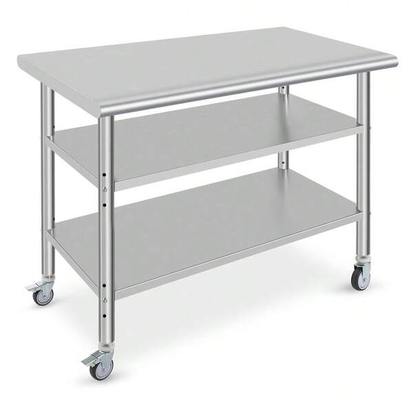 Stainless Steel Work Table With Wheel - Heavy Duty Kitchen Prep Table Workbench, NSF Commercial Work Table With Adjustable Under Shelf, Food Prep Worktable For Hotel, Garage, No Tailgate With Casters 36*18*34inch-Three Layers