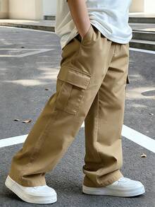 Quần cargo ống rộng màu kaki cho bé trai 4-7 tuổi, nhiều túi, kiểu dáng thường ngày, phù hợp cho mọi mùa, thích hợp mặc ngoài trời. - Màu Khaki - Xem 12
