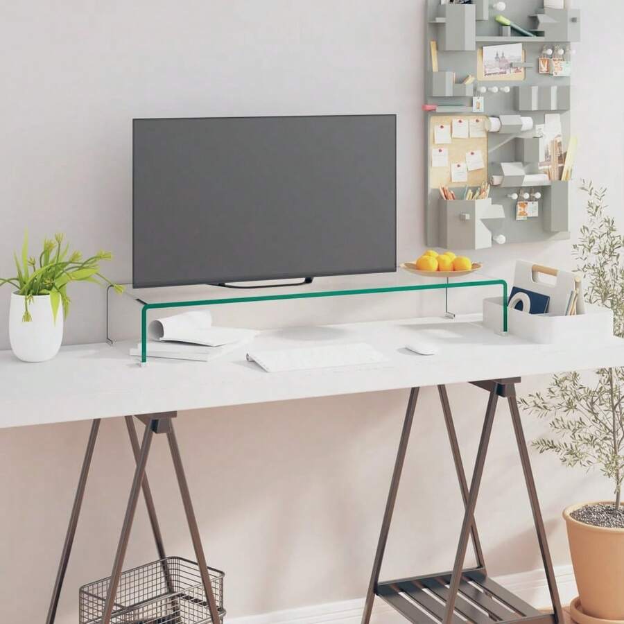 Larryhot Mobile/Rialzo Porta TV in Vetro Trasparente 90x30x13 cm,Robusto e durevole, facile da montare, la scelta ideale per l'arredamento della casa - Bianco avorio - Visualizzare 1