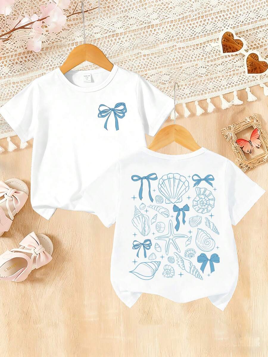 Bow Pattern Print, Round-Neck T-Shirt Suitable For Toddlers, Soft And Comfortable Short-Sleeved T-Shirt, Perfect Daily Casual And Comfortable Outfit. Multiple Colors To Choose From - trắng - Xem 1